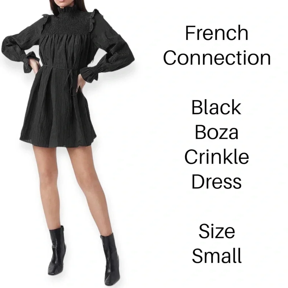 French Connection black boza crinkle dress long sleeve mock neck smocked CBK - Picture 3 of 10